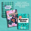 Load image into Gallery viewer, Family Sermon Notes Bundle: Teen SOAP journal, 52-Week Sermon Notes journal in the Blooming Faith cover, and the Kids Sermon Notes journal, three spiral-bound journals
