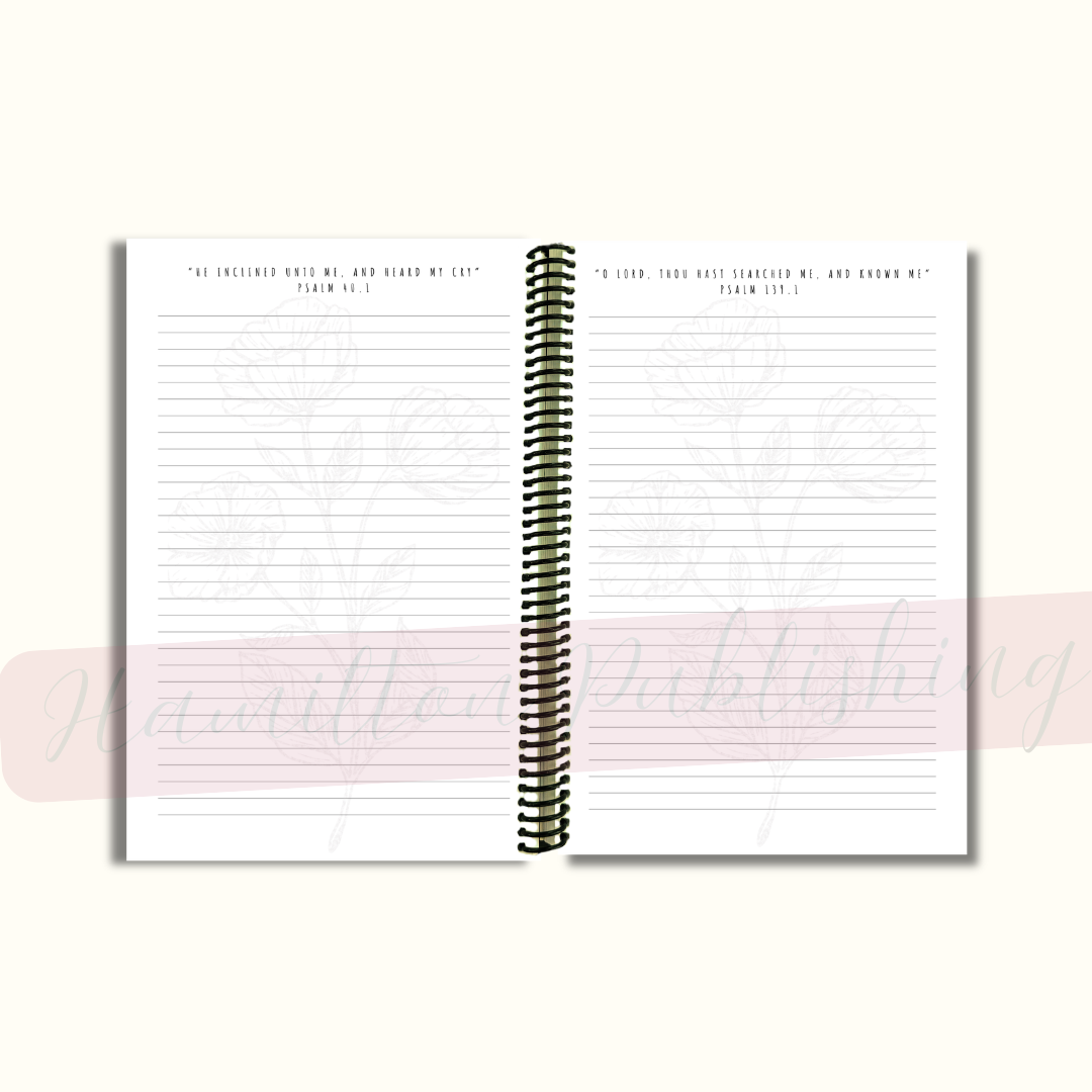 Prayer journal spread with space for scripture and reflection